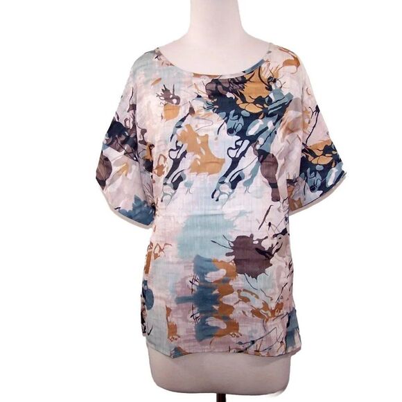 Misslook Shirt Top Oversize Size Small Stretch Short Sleeve Watercolor Blouse - Picture 1 of 9
